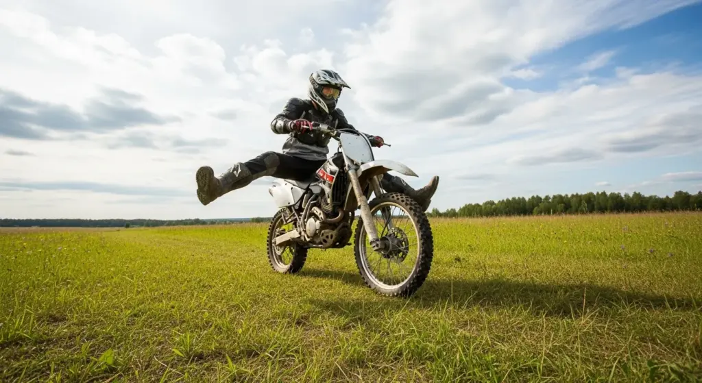 Child rider learning to balance on dirt bike in beginner training zone