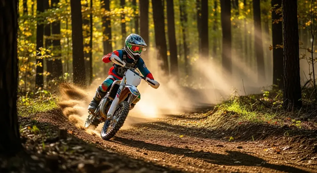 Confident beginner dirt bike rider cruising through forest trail
