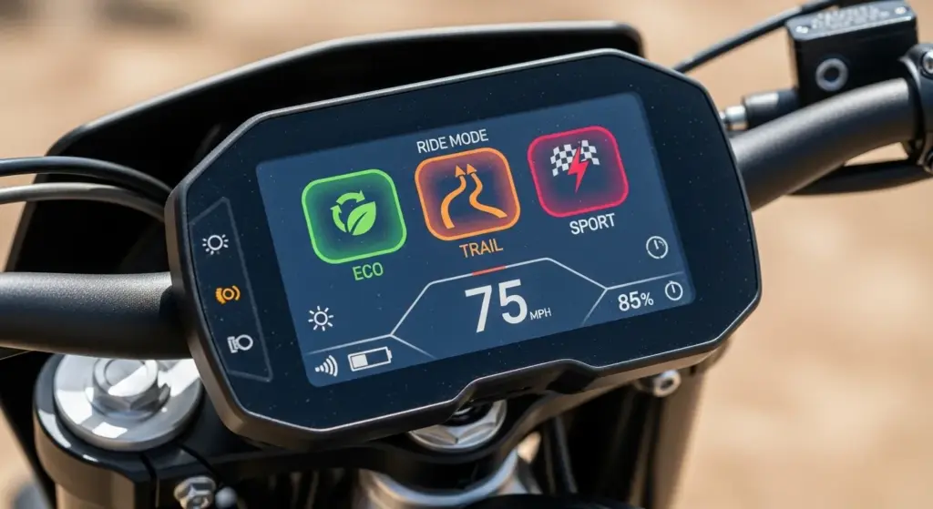Electric dirt bike handlebar screen displaying ride modes