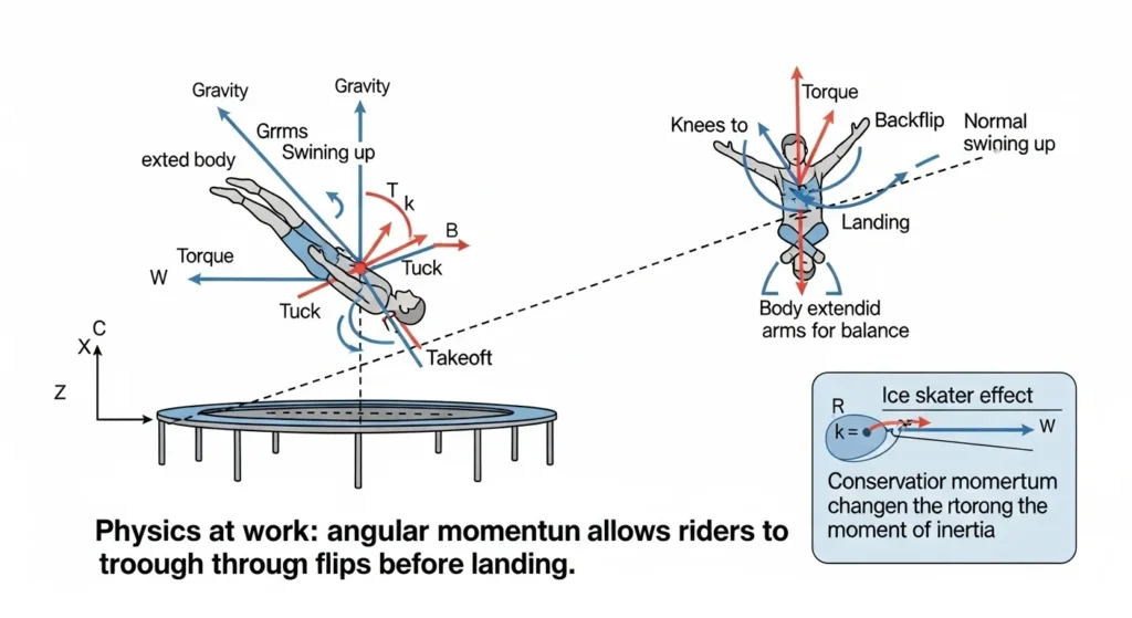 Physics at work angular momentum allows riders to rotate through three flips before landing.