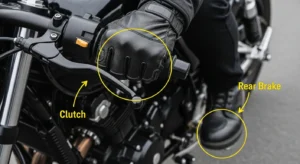 Close-up shot of a rider’s left hand on the clutch and right foot covering the rear brake, labeled for beginners