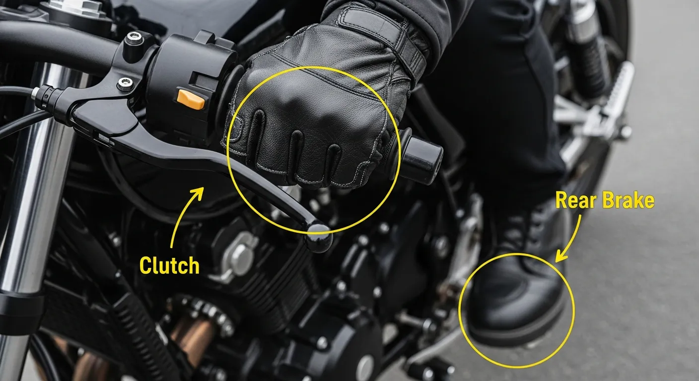 Close-up shot of a rider’s left hand on the clutch and right foot covering the rear brake, labeled for beginners