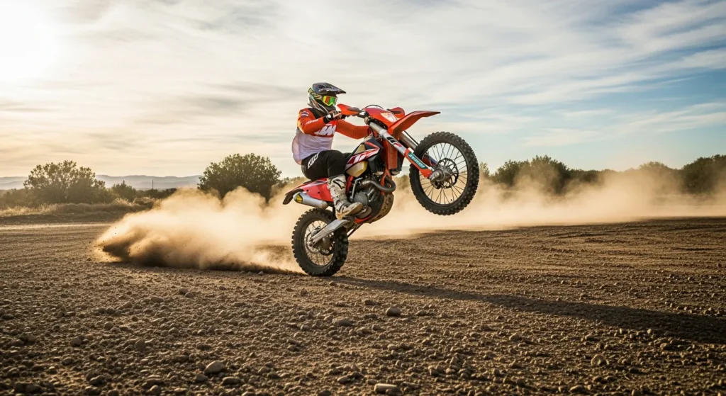 KTM 250 XC in an open dirt lot with rider popping a controlled wheelie, dust trail behind