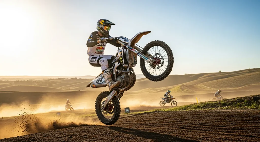 Rider holding a stable wheelie, mid-air, showing correct back posture and arm position