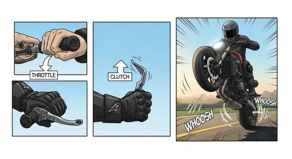 Slow-motion sequence showing a motorcycle front wheel lifting off the ground, labeled with throttle and clutch timing