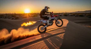 A dirt bike rider revving the engine in the desert