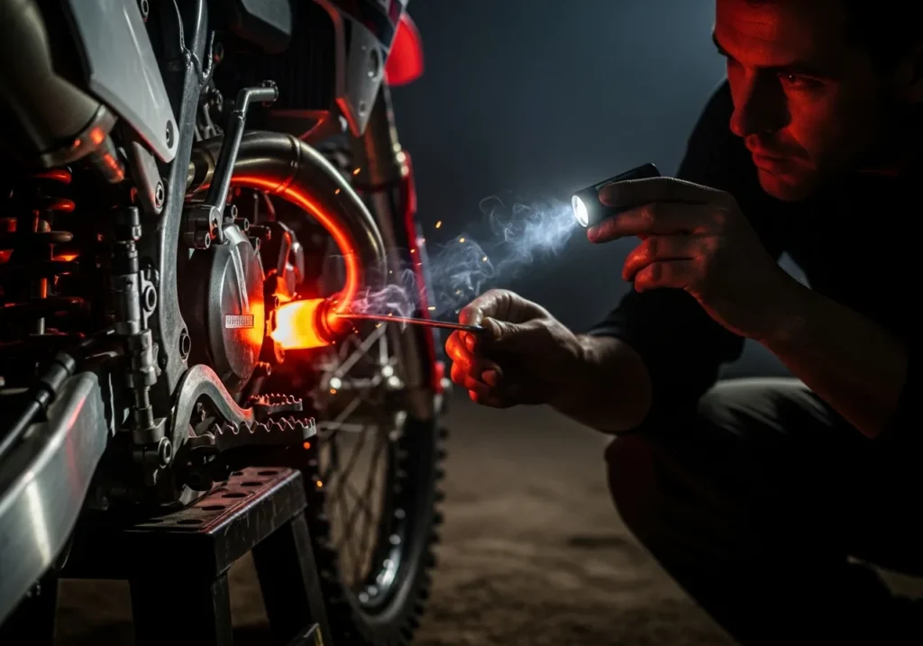Dirt bike exhaust header glowing red hot at night