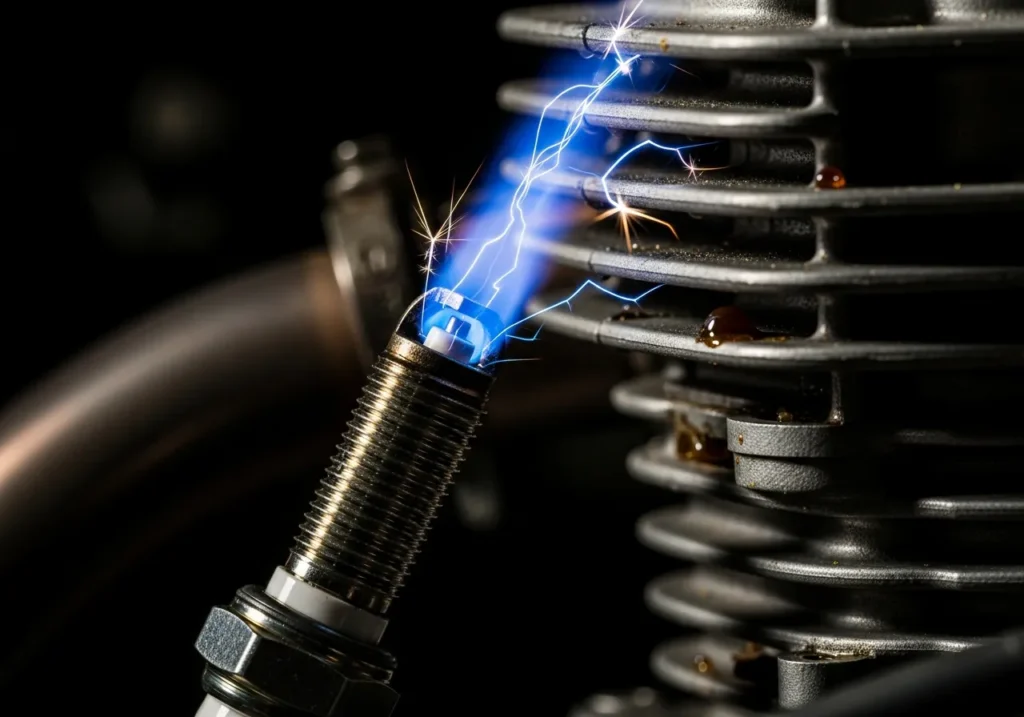 Macro photo of a spark plug firing a blue spark near a dirt bike engine