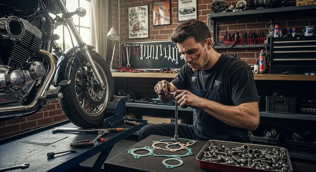 Mechanic replacing a motorcycle intake manifold gasket in a workshop