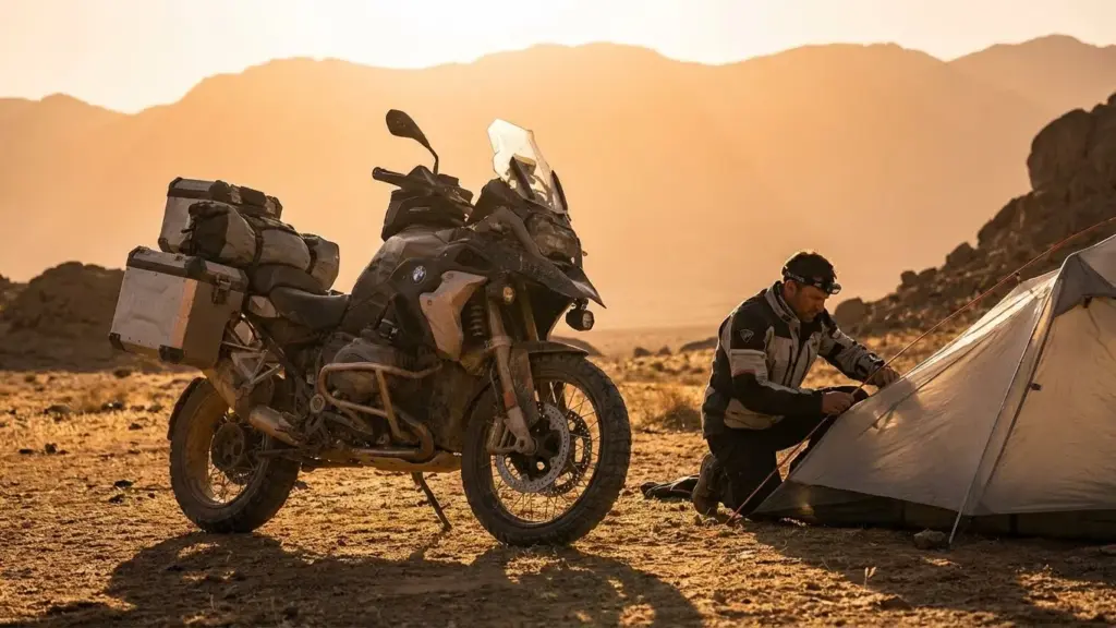 Rider setting up a tent beside an adventure bike during golden hour