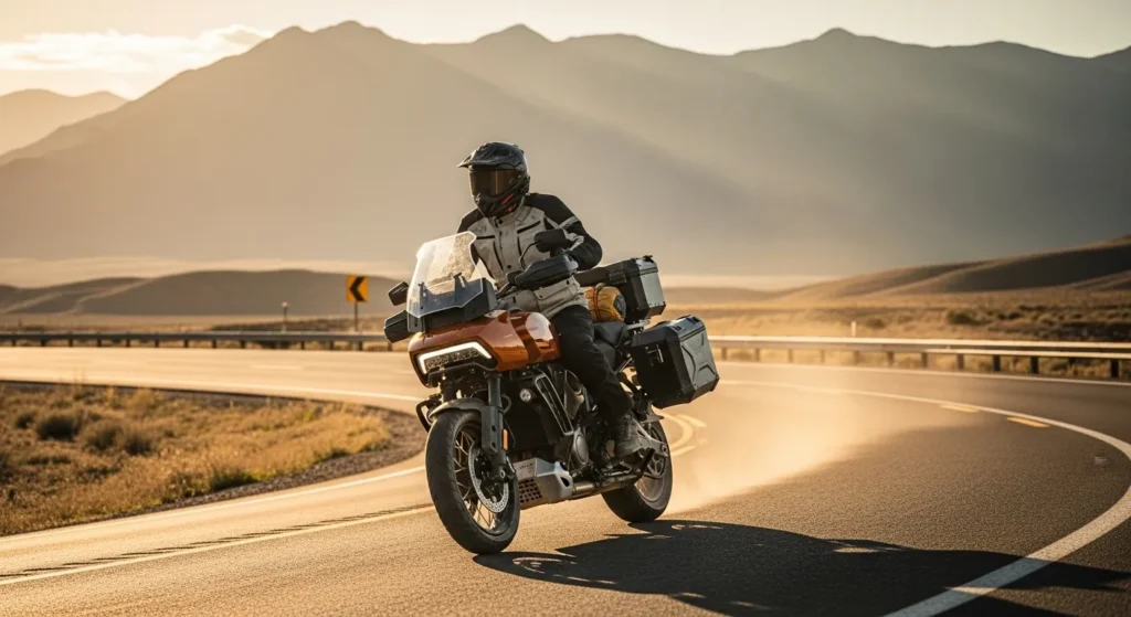 2025 Harley-Davidson Pan America 1250 Special ridden by biker on scenic USA highwa