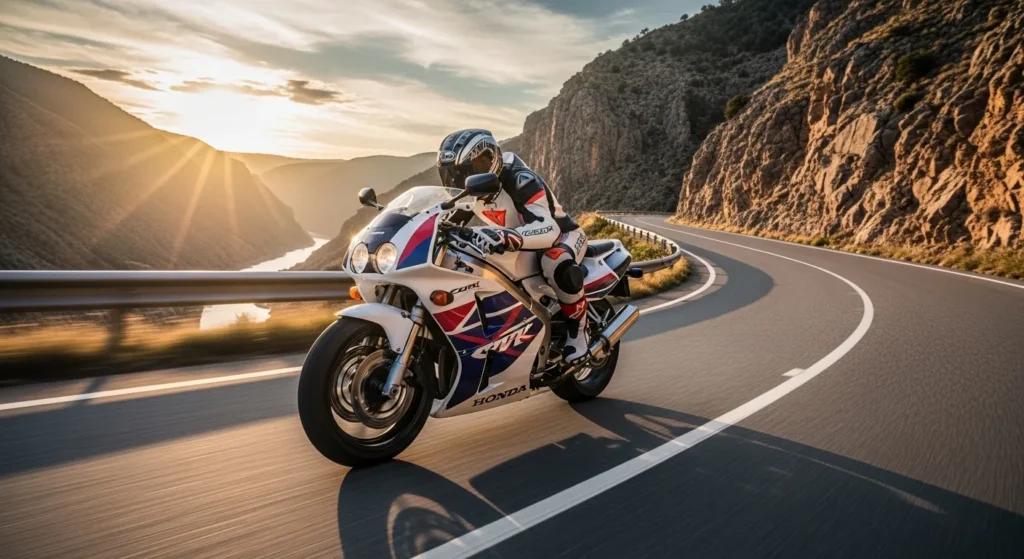 Action shot of Honda WN7 leaned over on a canyon road.