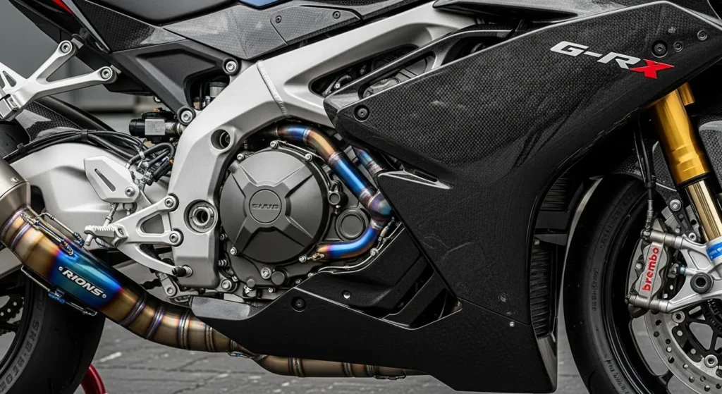 Close-up of RSV4 X-GP titanium exhaust, carbon fiber fairings, Brembo brakes, with sharp lighting