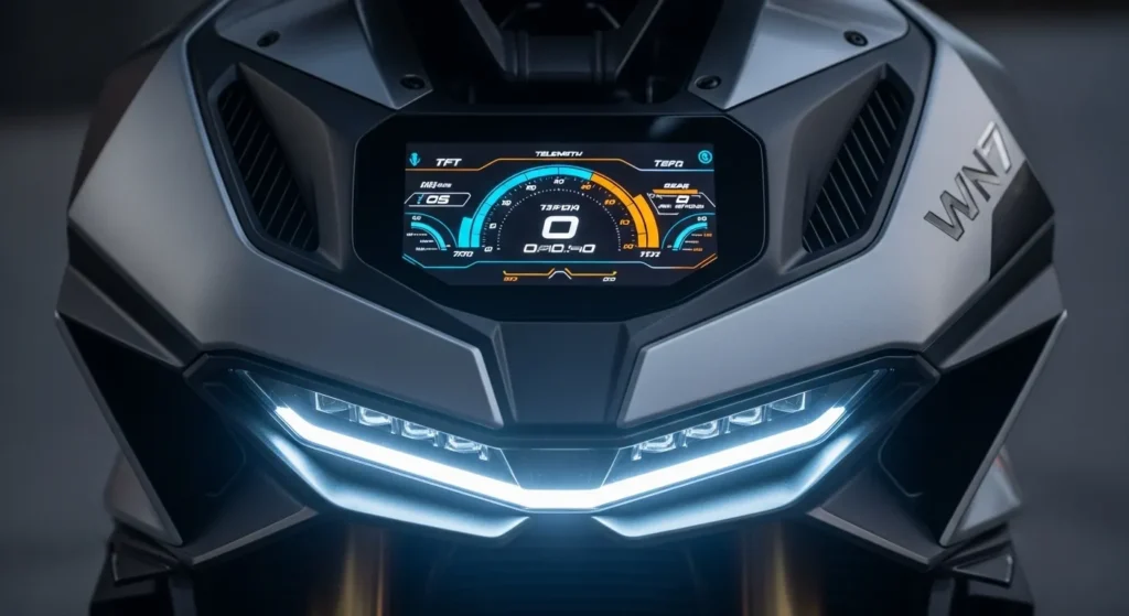 Close-up of WN7’s TFT display, LED headlamp, sharp body panels.