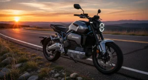 Honda WN7 electric naked bike parked on a scenic U.S.