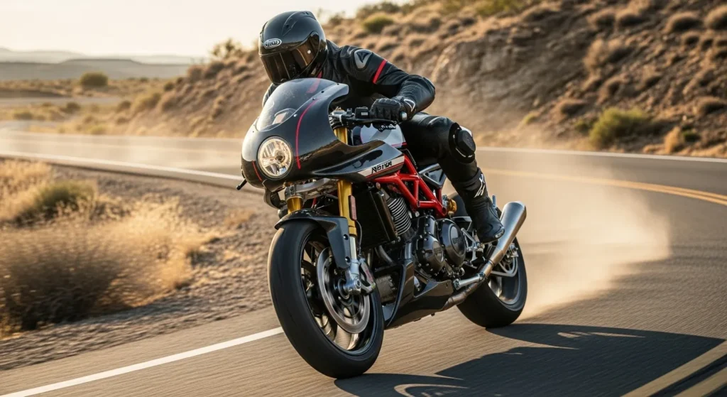 Norton 1200cc superbike in motion on a winding U.S. highway or desert trail