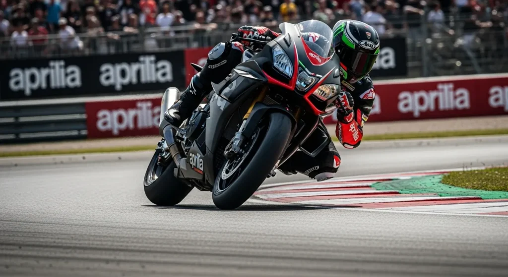 RSV4 X-GP leaning aggressively on a track corner