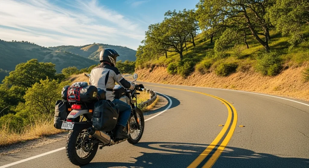 Rider with Himalayan 650 packed for touring on scenic hillside U.S. road.