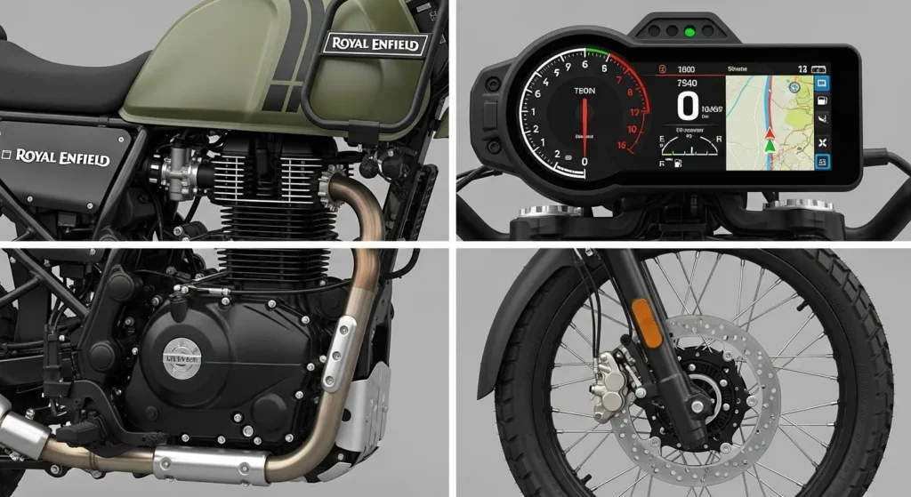 Royal Enfield Himalayan 650 (mock-up) showing engine, TFT console, fuel tank design, and spoke wheels..140Z