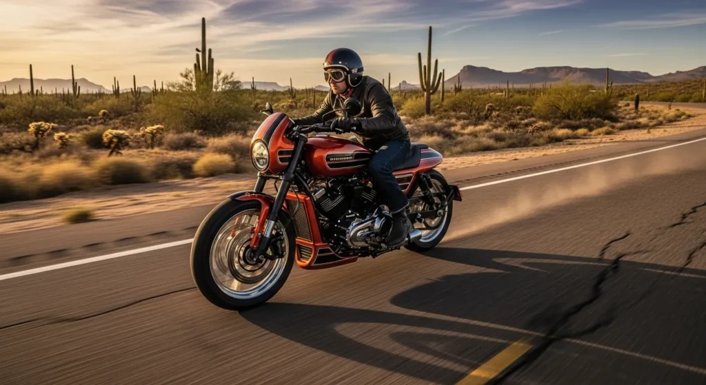 action shot of Harley Sprint 2026 cruising through desert highway.