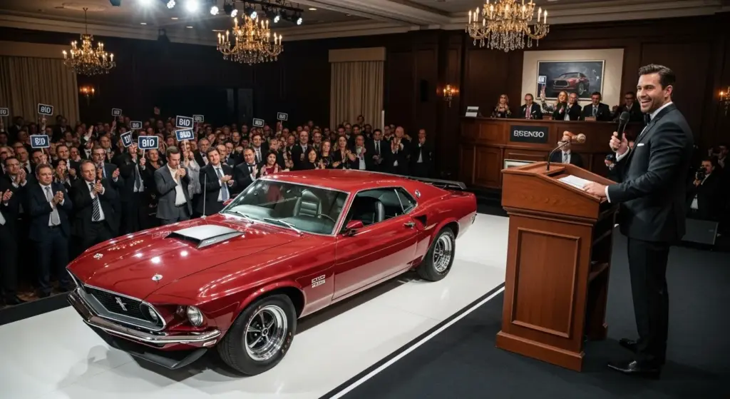 1969 Ford Mustang Boss 429 being auctioned for charity at a classic car event.