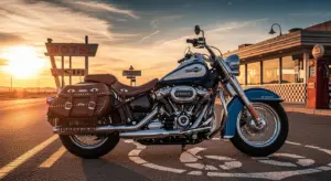 2025 Harley-Davidson Heritage Classic on Route 66 at sunset showcasing classic chrome and leather design.”.184Z