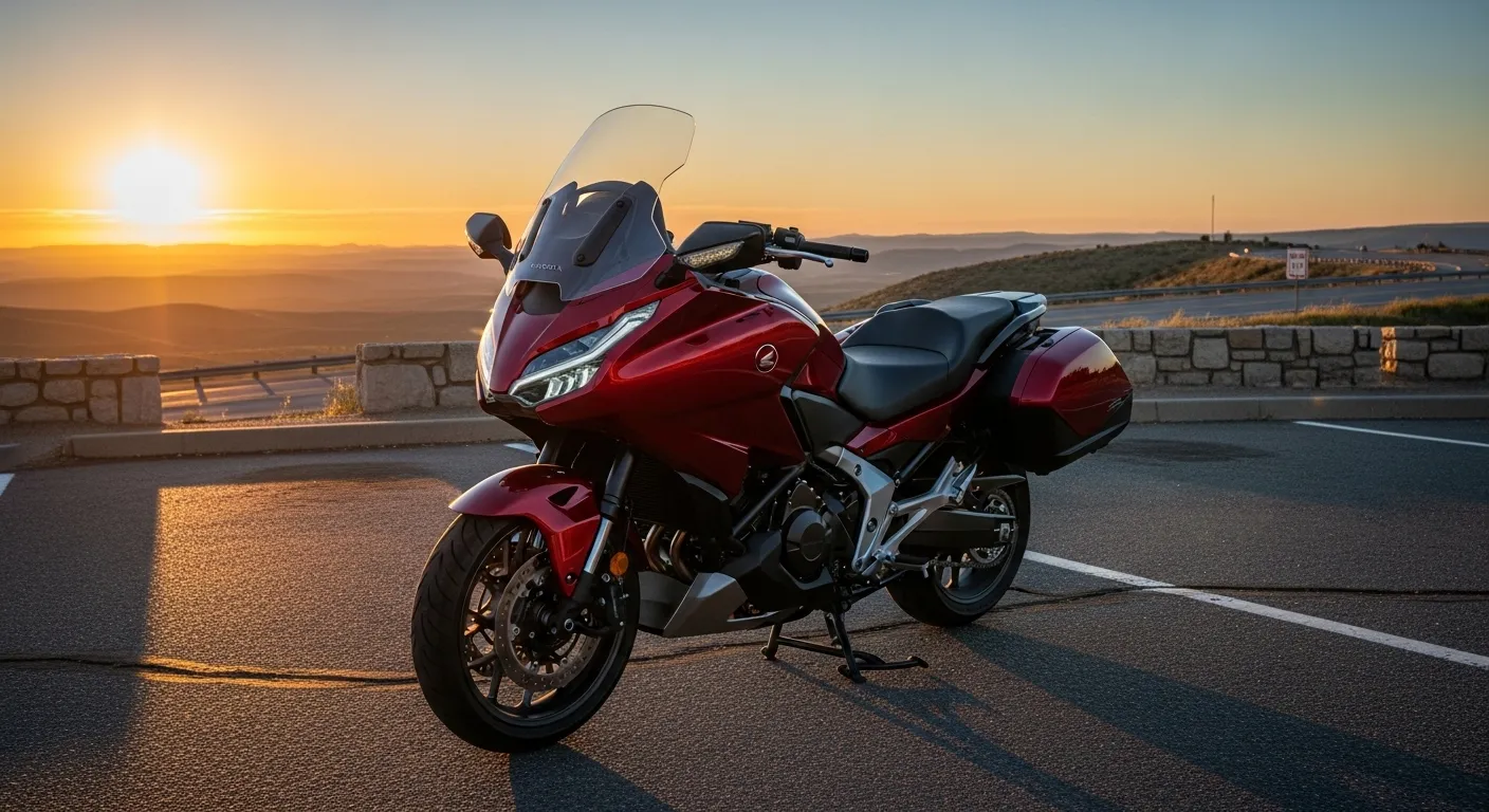 2025 Honda NT1100 DCT on a U.S. highway overlook at sunset during launch photoshoot..332Z