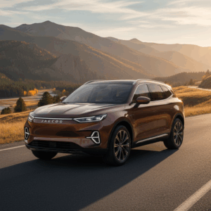2025 Jaecoo 8 SUV parked on a scenic U.S. mountain road at sunset, showcasing bold exterior styling and premium SUV stance.