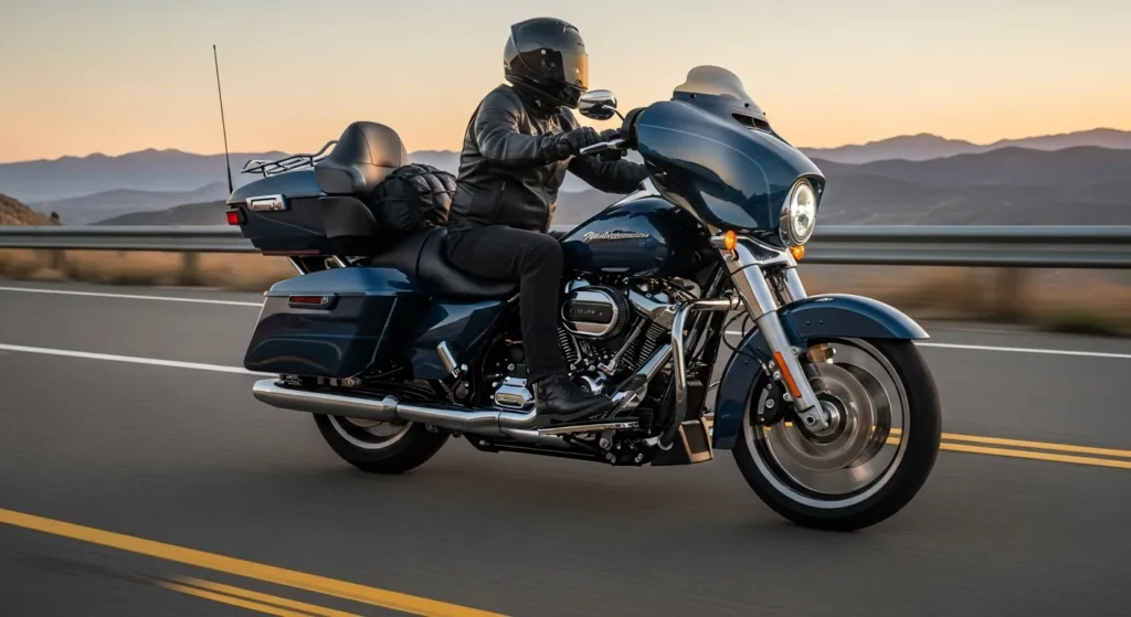 2025 Street Glide Ultra on highway demonstrating power and long-distance touring capability.