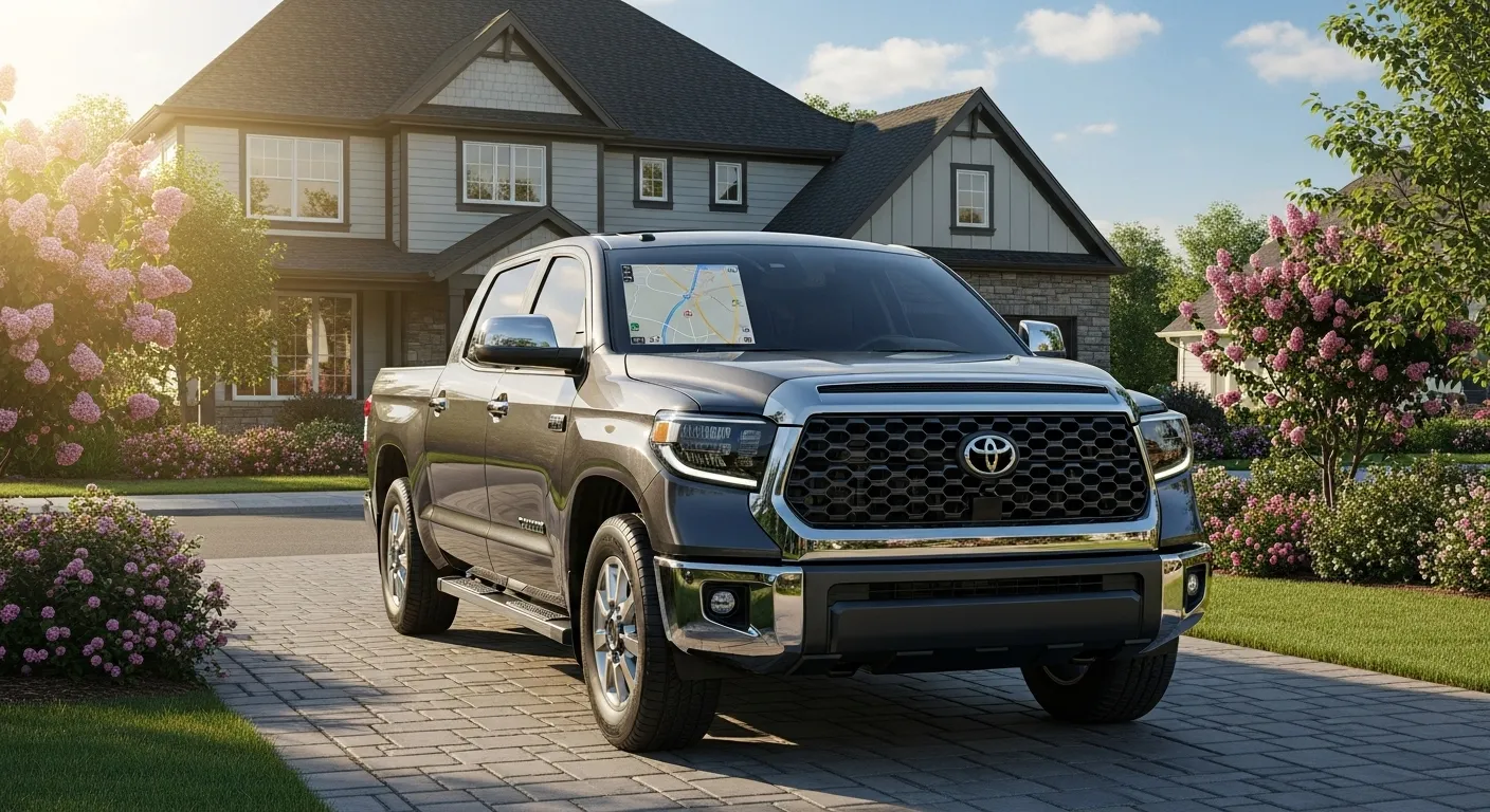 2025 Toyota Tundra rearview camera display on infotainment screen in suburban driveway.
