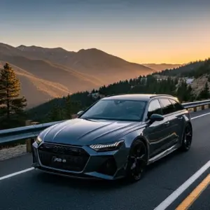 2026 Audi RS6 Avant Performance Edition parked on a mountain highway at sunrise
