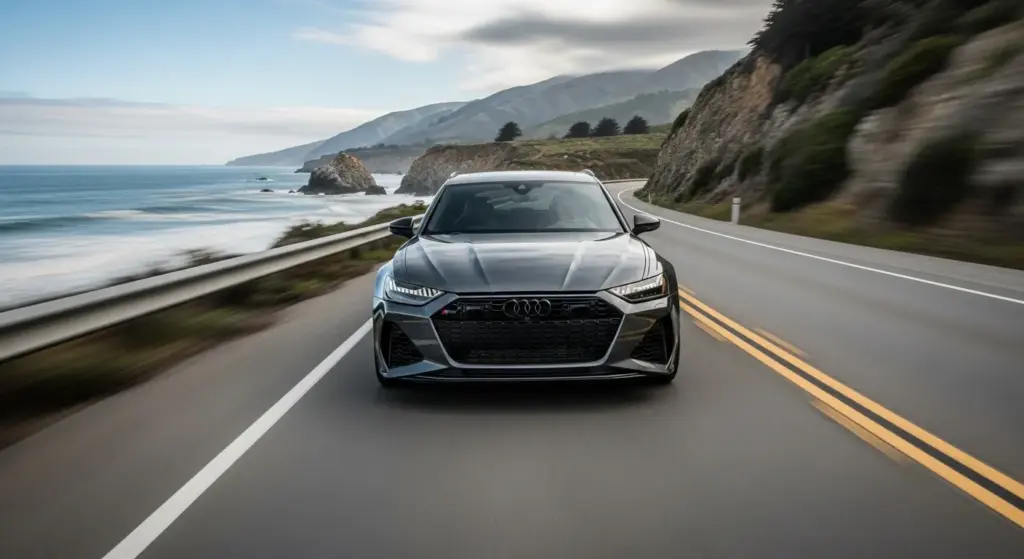 2026 Audi RS6 Avant racing down a California coastal highway