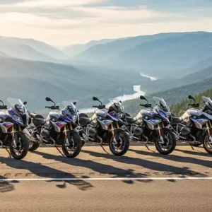 2026 BMW Motorrad USA lineup parked on scenic U.S. highway overlook — morning light, full color range, premium outdoor showcase
