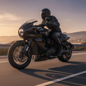 2026 Buell Super Cruiser riding on an open highway at sunset