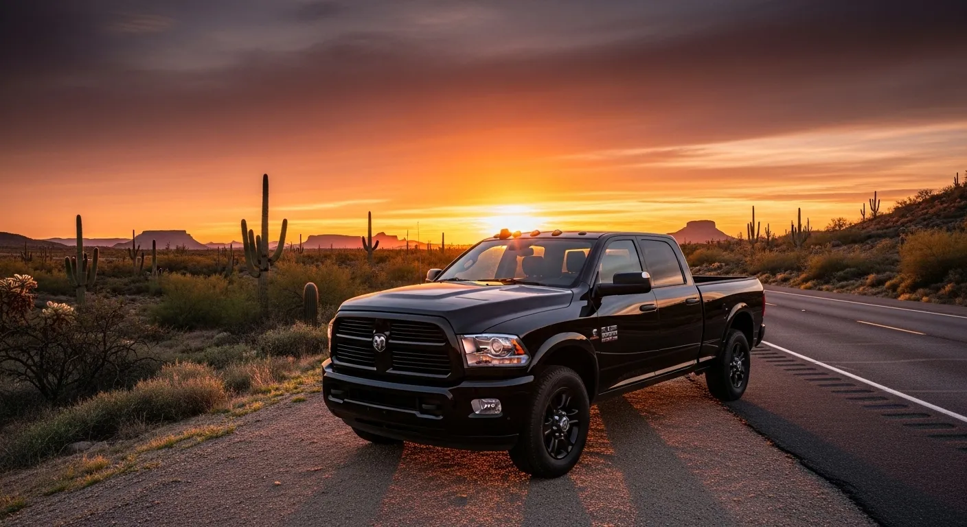 2026 Dodge RAM 2500 Black Express edition parked on a desert highway at sunset