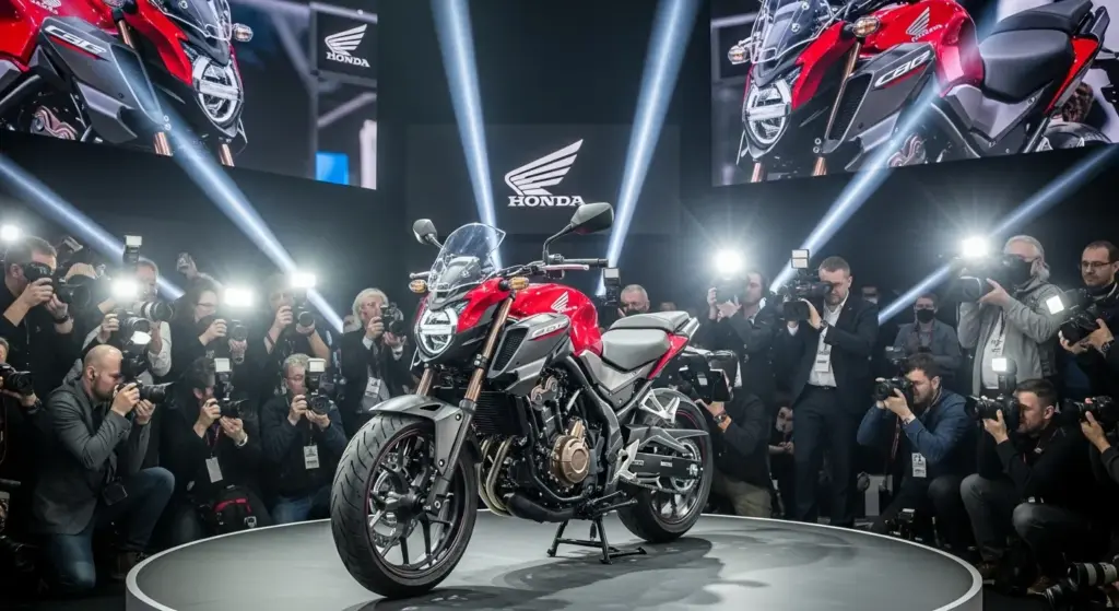 2026 Honda CB500SF unveiled at a global motor show amid cameras and fans.