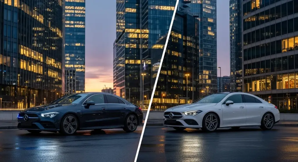 2026 Mercedes-Benz CLA EV and gas versions side by side showing identical design.