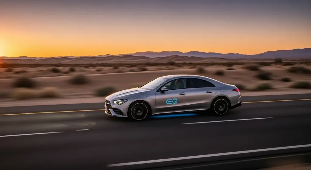 2026 Mercedes CLA EV driving on a desert highway demonstrating performance and range