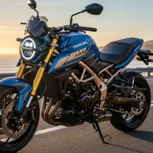 2026 Suzuki GSX-8T motorcycle parked on scenic U.S. highway, retro design with modern LED headlight and twin-cylinder engine