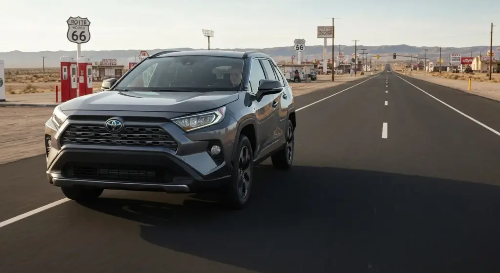 2026 Toyota RAV4 Woodland Edition SUV on Route 66 highlighting hybrid adventure lifestyle.