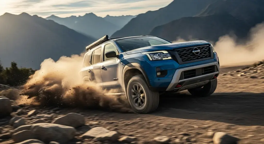 2028 Nissan Xterra hybrid SUV driving through rugged off-road terrain in action