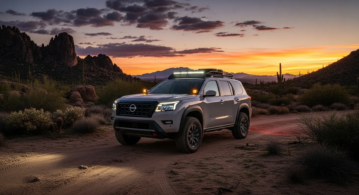2028 Nissan Xterra hybrid SUV in desert landscape at sunset showcasing its rugged design.
