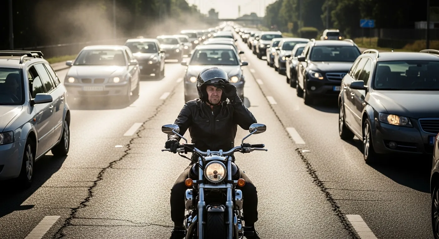 A realistic photo of a motorcyclist stuck in summer traffic