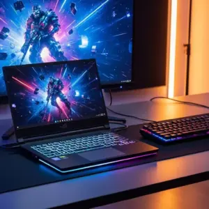 ASUS ROG Strix SCAR 18 (2025) on a sleek desk setup with RGB glow, gaming peripherals, and dynamic lighting reflections, USA studio setting