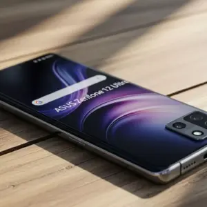 ASUS Zenfone 12 Ultra showcased on a rustic wooden table, outdoor light, modern aesthetic
