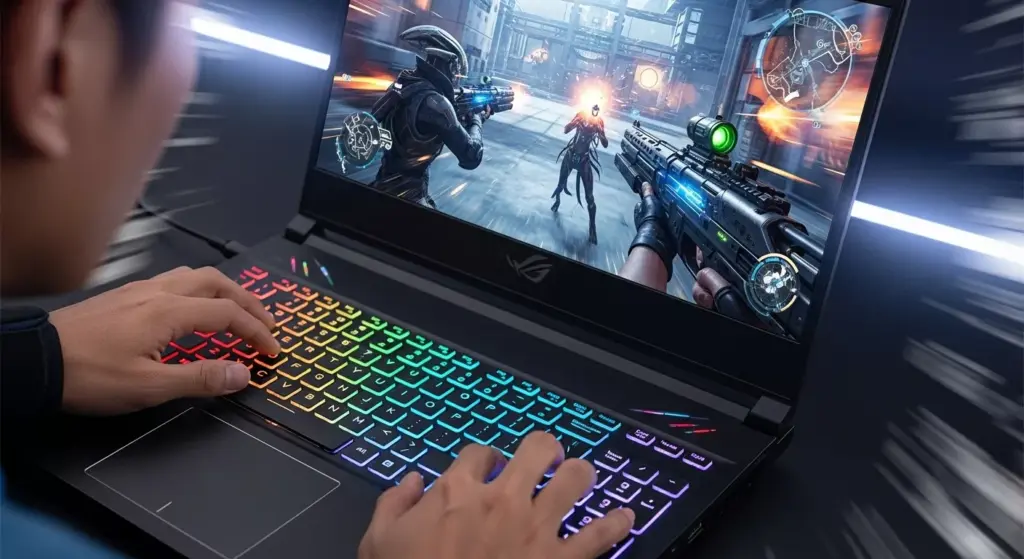 Action shot of ASUS ROG Strix SCAR 18 in use — RGB lit keyboard, fast-paced FPS game on screen, hands on controls, dynamic motion blur effect