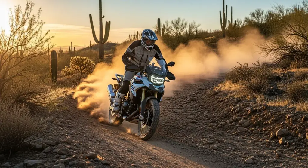 Action shot of BMW F 900 GS Adventure on a U.S. dirt trail — dust in motion, rider leaning into a curve, golden-hour lighting