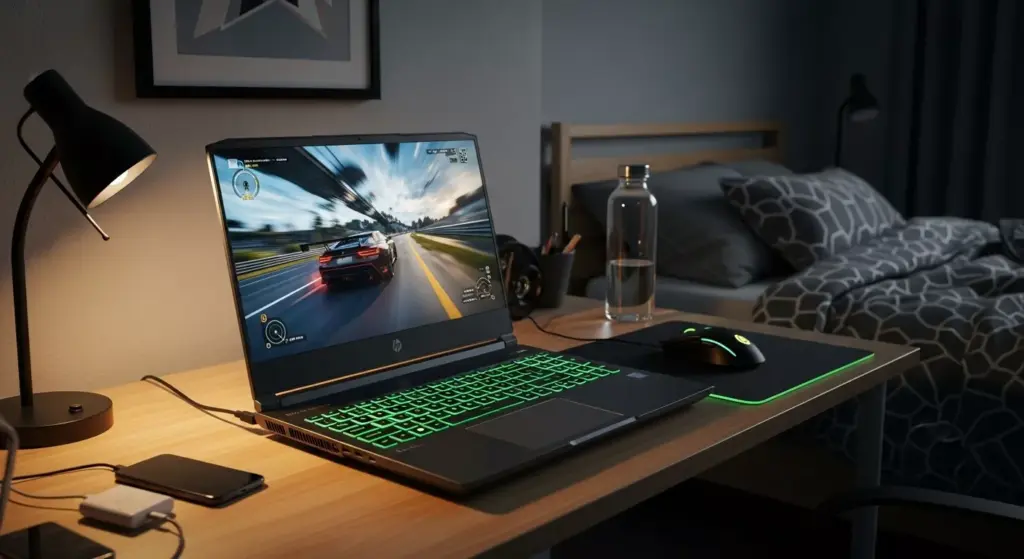 Action shot of HP Victus 15 laptop gaming on desk, with screen showing high-speed racing game, motion blur, U.S. bedroom setup