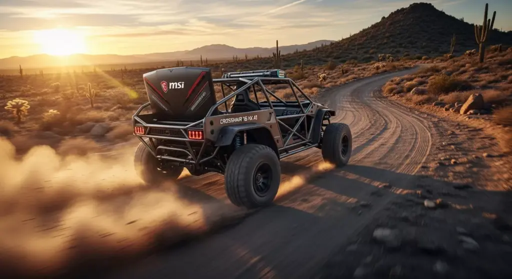 Action shot of MSI Crosshair 16 HX AI riding through desert trail at sunset, dust trail behind, dynamic motion blur