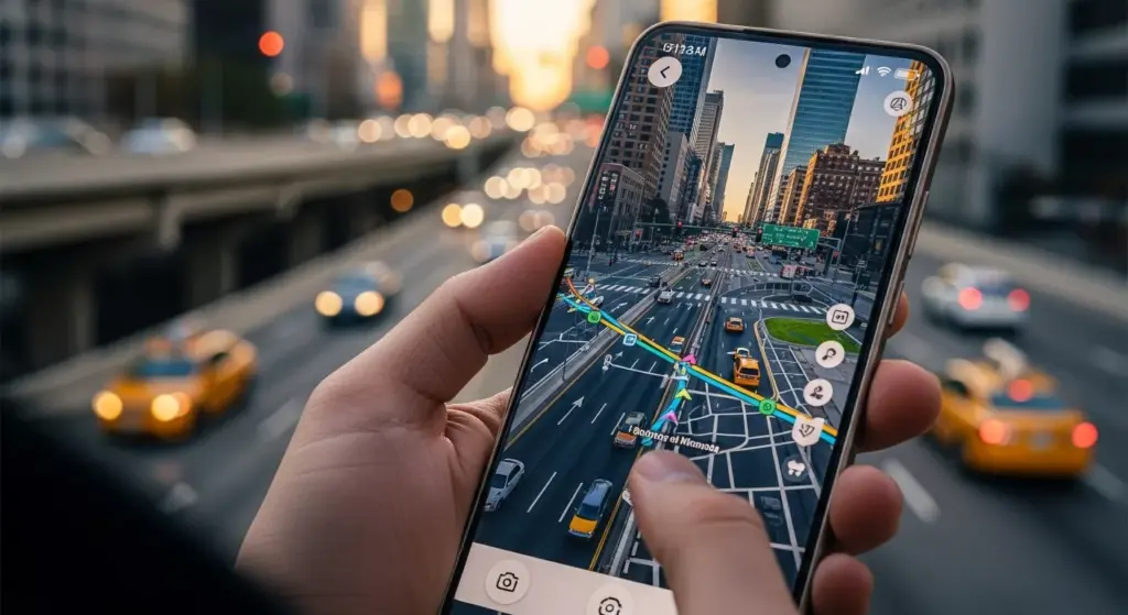 Action shot of Redmi Note 14 5G screen in use outdoors, highway scenario, US downtown usage